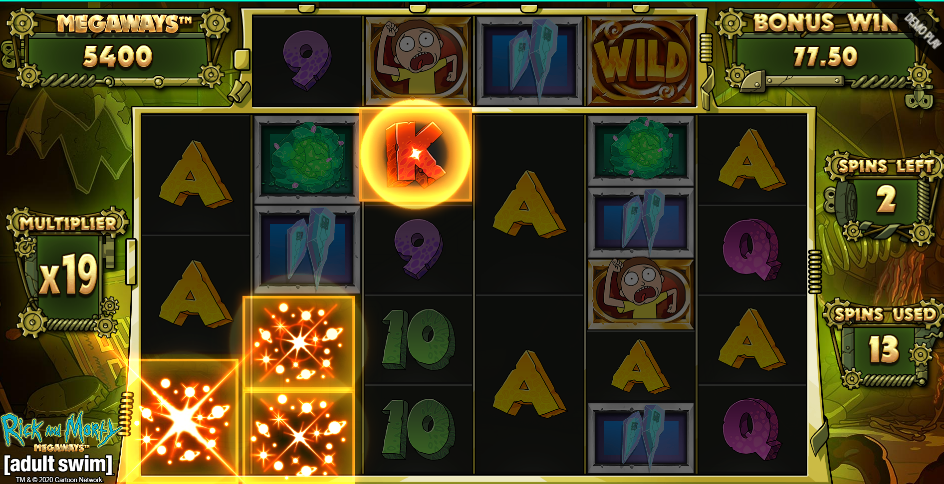 Pickle Rick free spins with the win multiplier at x19 and a bonus total of 77.50