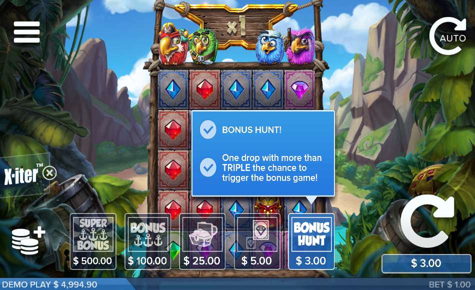 The X-iter buy menu, five priced doors from $3.00 to $500.00 with Bonus Hunt selected