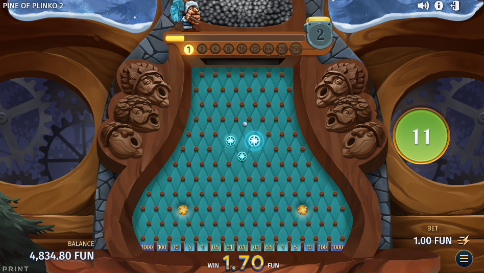 Plinko board mid-round, a ball dropping through the pegs with the side bumpers and level meter above