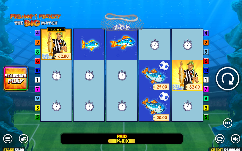 Fishin' Frenzy The Big Match Power Play win of 125.00 with two fishermen collecting money fish