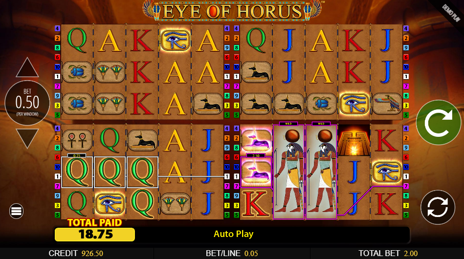 A total paid of 18.75, a Q line in the lower-left window and two expanded Horus wilds on an Anubis line in the lower-right.