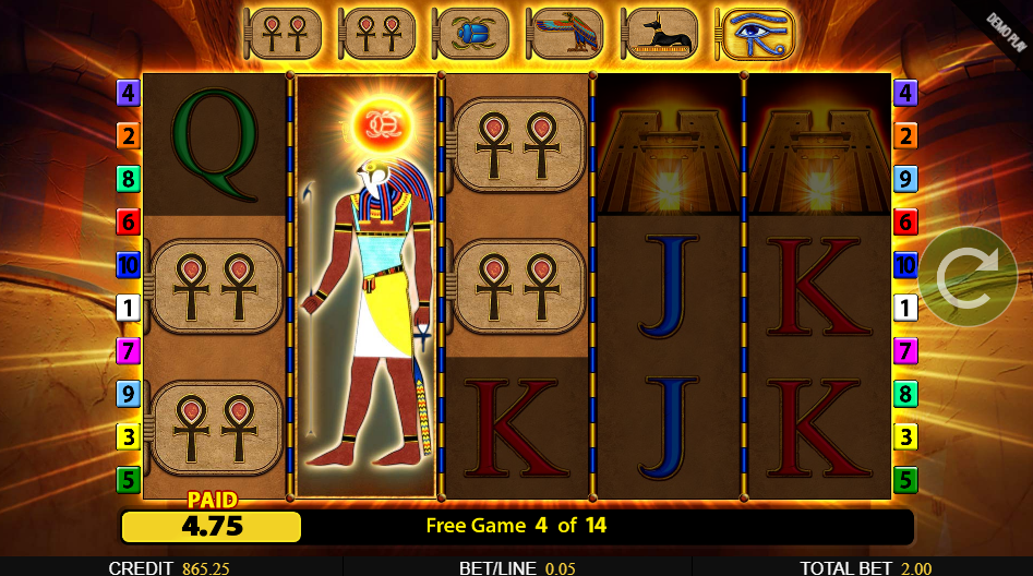 Free game 4 of 14 on a single enlarged window, the tablet strip above showing two ankh tiles, Horus lit on reel 2.