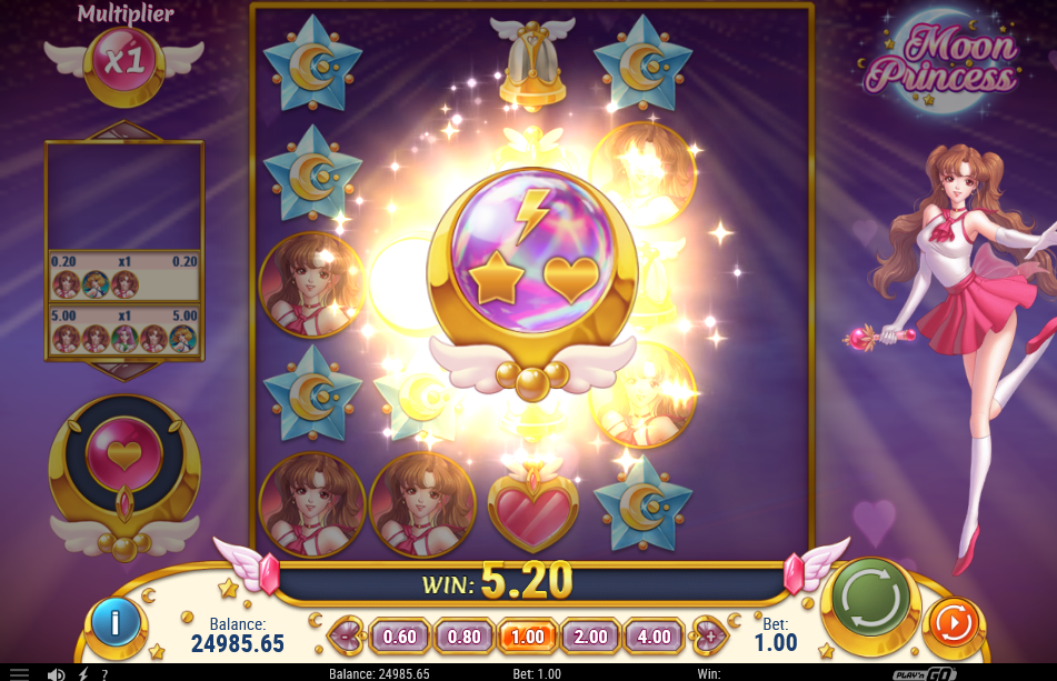 Princess Trinity triggering, the orb carrying all three princess symbols bursting on the grid after a five-symbol princess win