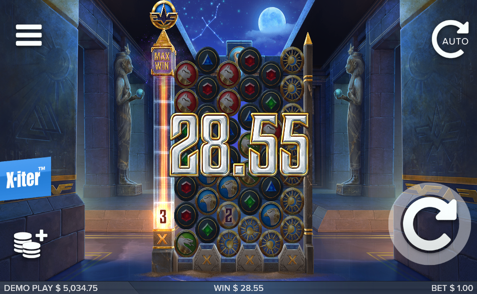 Cygnus 5 grid filled with golden sun symbols after a prism, showing a win of 28.55 with the pillar on 3x.