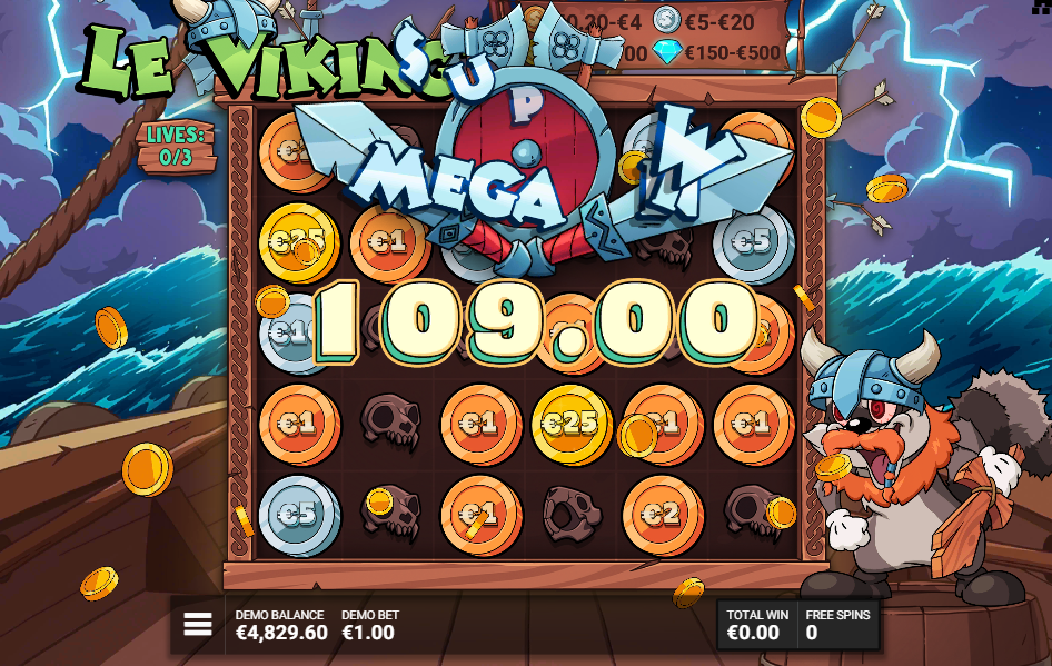Mega win screen reading 109.00 over a Ragnarok board of revealed coin values.
