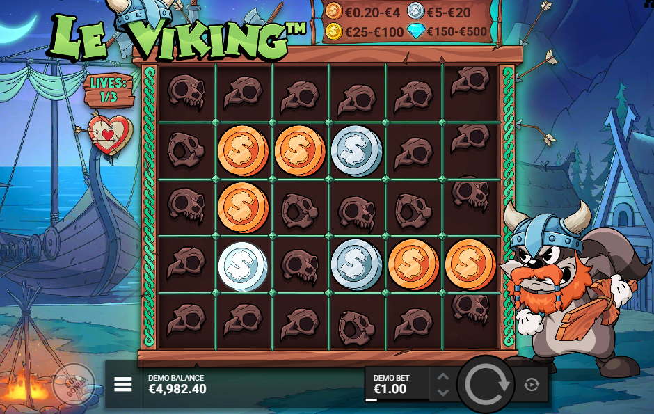 Raid Spins mode with sticky coins, dead skull symbols and a lives counter reading one of three.