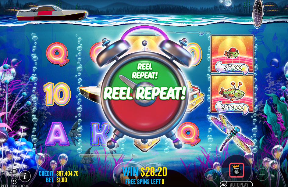 The Reel Repeat clock spins up at the end of the bonus with $28.20 already banked
