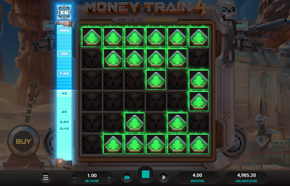 Respin with the grid filled by green club symbols and a 6x multiplier lit on the side meter.