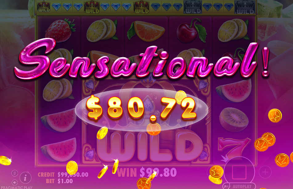 The Sensational win banner showing $80.72 on the final free spin of a bought Juicy Fruits round