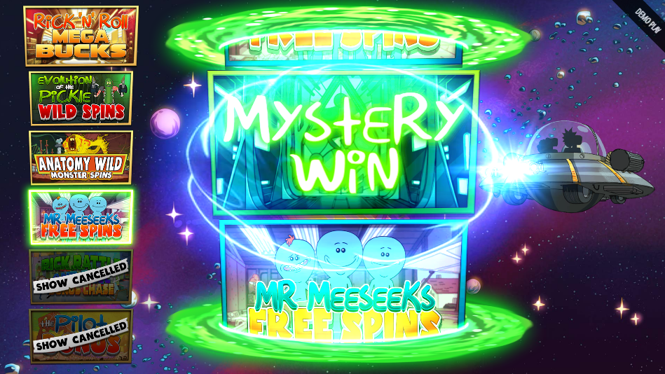 Bonus ladder with Show Cancelled stamped over the bottom two tiles as Mr Meeseeks arrives.