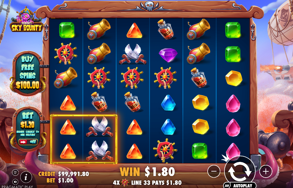 Grid packed with coloured gems, cannon and sword symbols paying a line win of 1.80