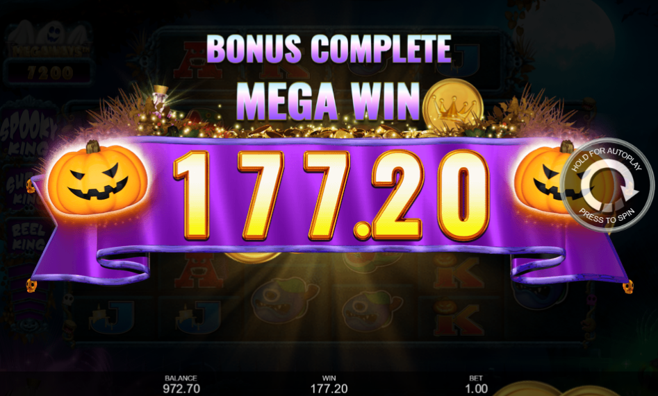 Bonus complete screen showing a Mega Win of 177.20 in Reel Spooky King Megaways