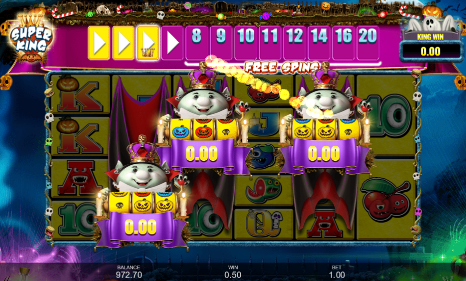 Super King feature with three caped kings above the reels and the free-spins trail on top