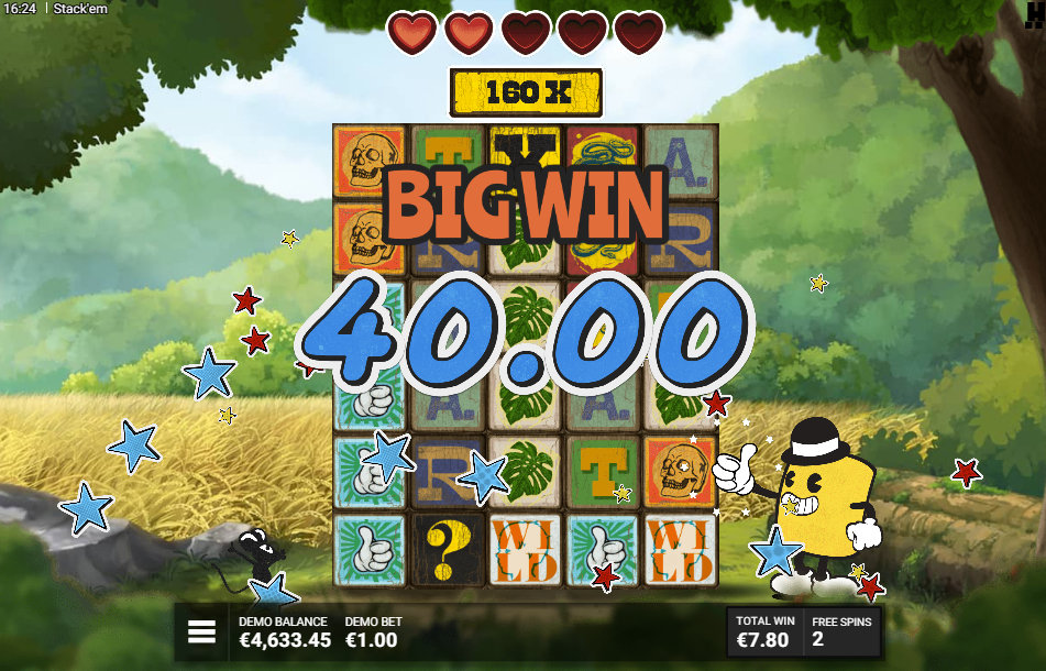 Free-spins big win of 40.00 with the total reading 160X and two hearts remaining