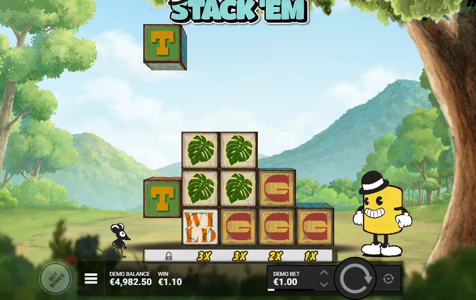 Winning blocks stacked into a tower with columns reading 3X, 3X, 2X and 1X, a T block falling in