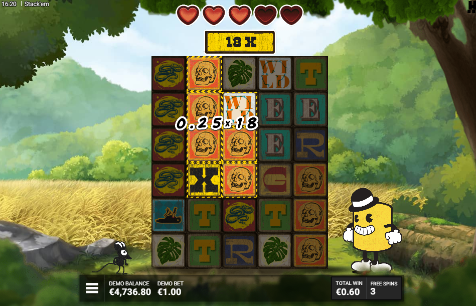 Free-spins grid with five hearts, a total of 18X above the reels and a skull cluster paying 0.25 x 18