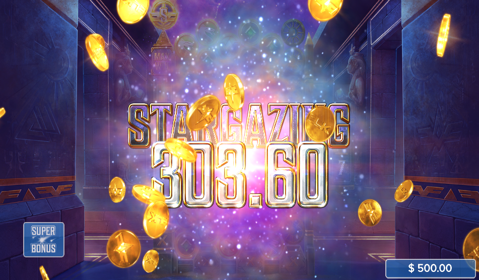 Cygnus 5 Stargazing win screen reading 303.60 with gold coins falling across the temple.