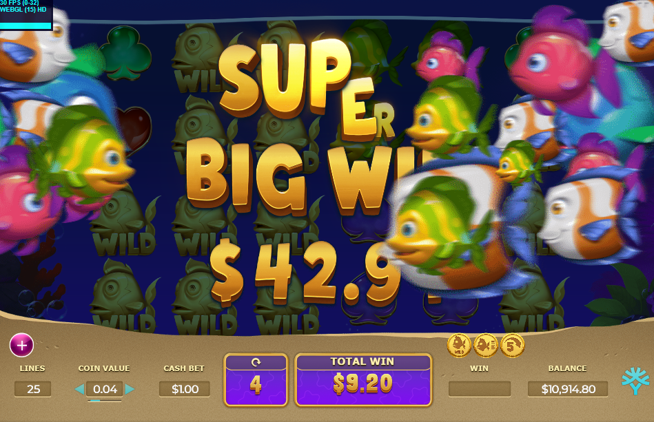 Super Big Win screen with a school of fish and the win counter reading $42