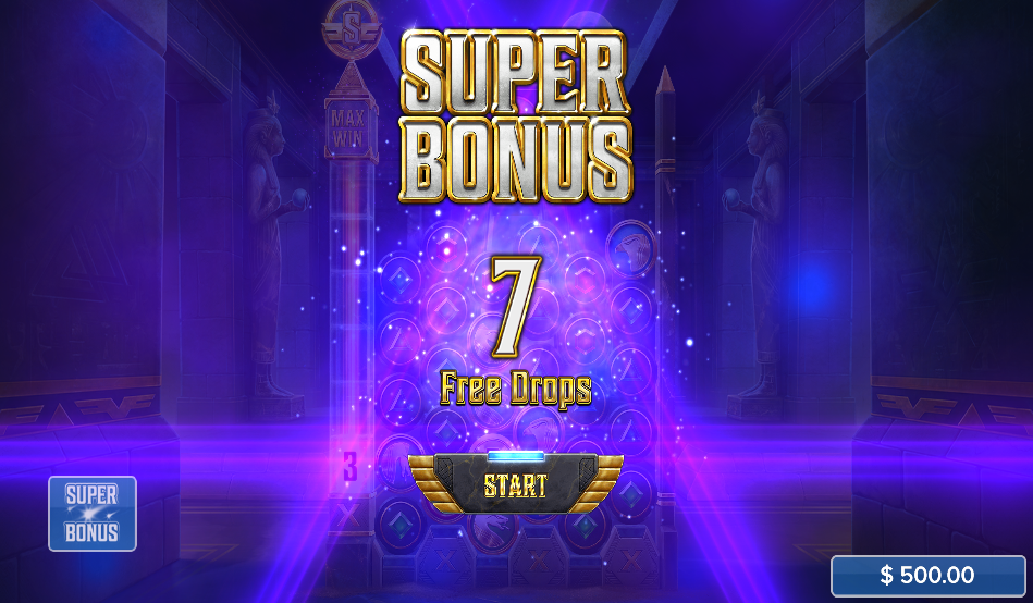Cygnus 5 Super Bonus start screen showing 7 free drops with the temple lit purple behind it.