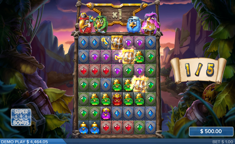 Pirots X super bonus on a maxed 7x7 grid at sunset, treasure chests among the symbols.