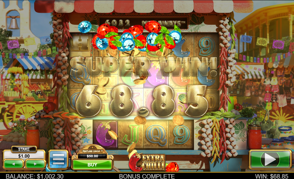 SUPER WIN banner reading 68.85 over the base game reels as the free spins round closes.