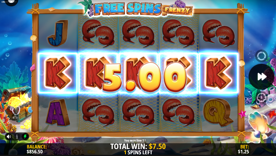 Free Spins Frenzy with nets behind four synced reels and a five-of-a-kind K line win