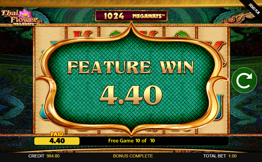 Feature Win screen showing a total of 4.40 credits after ten free games.