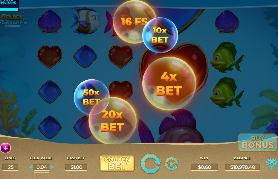 Treasure chest prize bubbles on the reels.