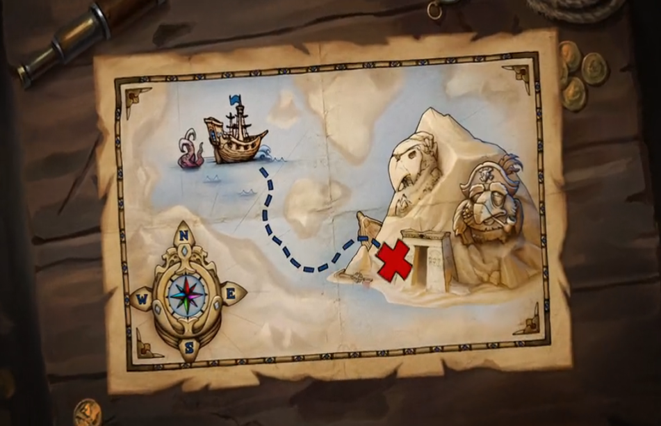 Illustrated treasure map with a pirate ship, compass and a red X marking a tomb, from the game intro