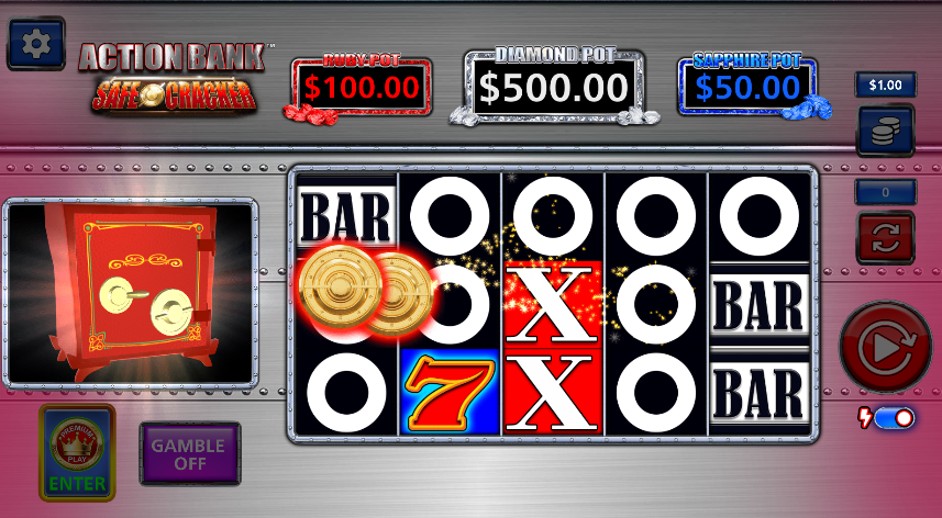 Action Bank Safe Cracker reels with several O symbols and the gold-filled safe beside the grid.