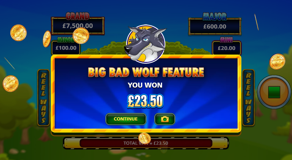 Big Bad Wolf feature win screen showing a £23.50 total in Huff N' Xtra Puff