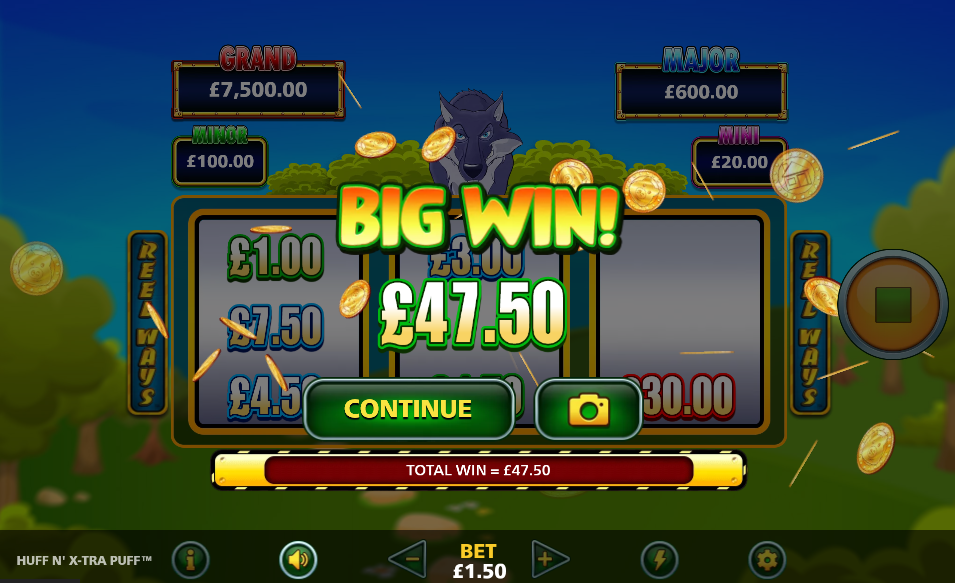 Big Win screen showing a £47.50 total with coins across the reels