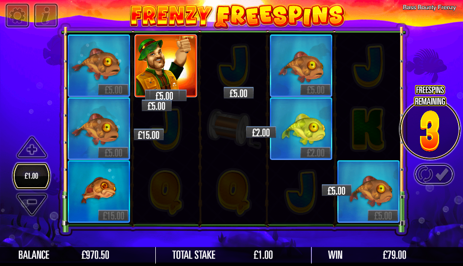 Bass Bounty Barry landing in the Frenzy Free Spins reeling in six fish values on the grid.