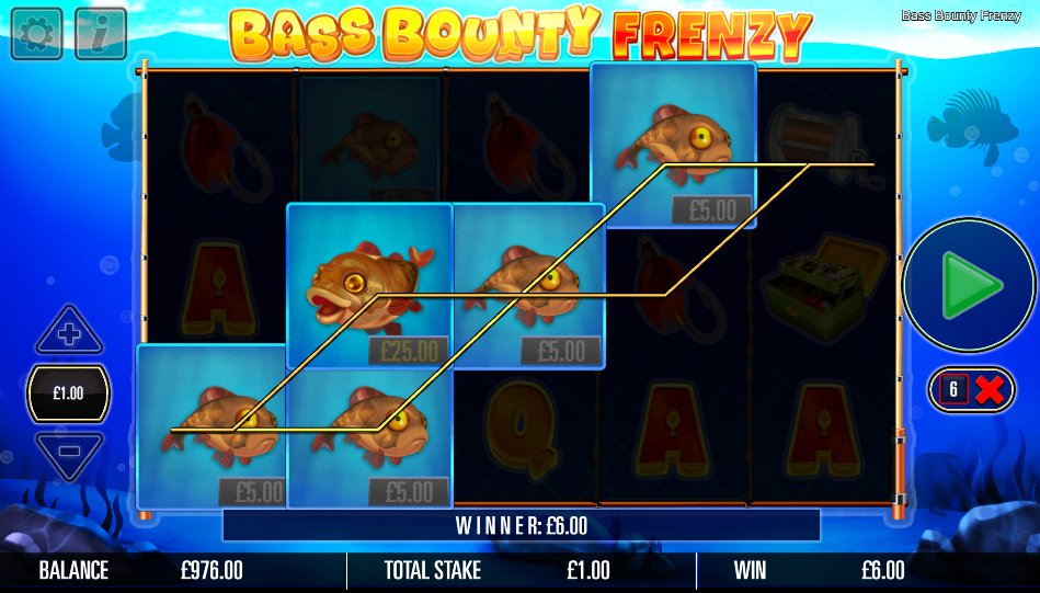 Base-game win of £6 from bass symbols paying as any-fish combinations across the reels.