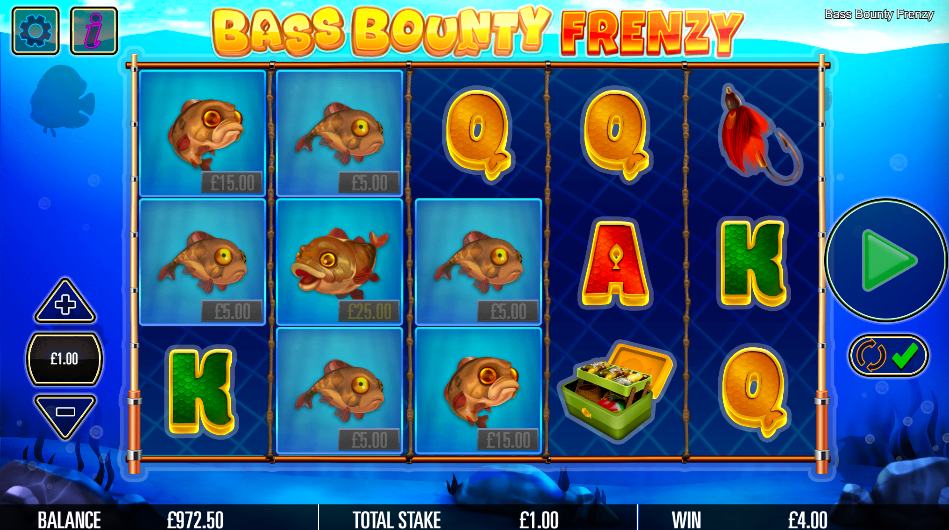 Base-game grid full of bass carrying cash values from £5 to £25, paying only a small any-fish line.