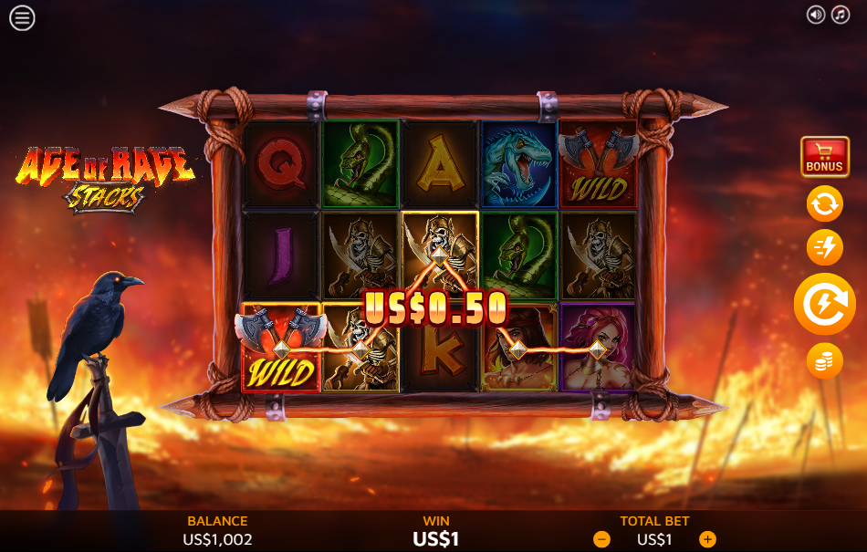 A base game spin on Age of Rage Stacks with two winning paylines lit for $1, a crossed-axe Wild on reel one completing both.