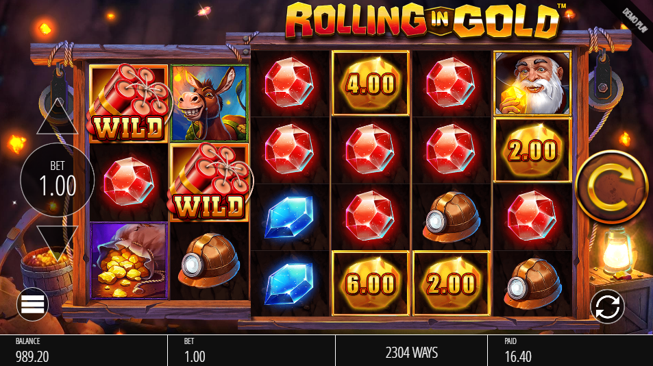Base game with two dynamite wild symbols on reel 1 and cash nuggets to the right