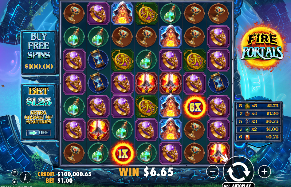 Base game panel listing five winning blocks from one spin