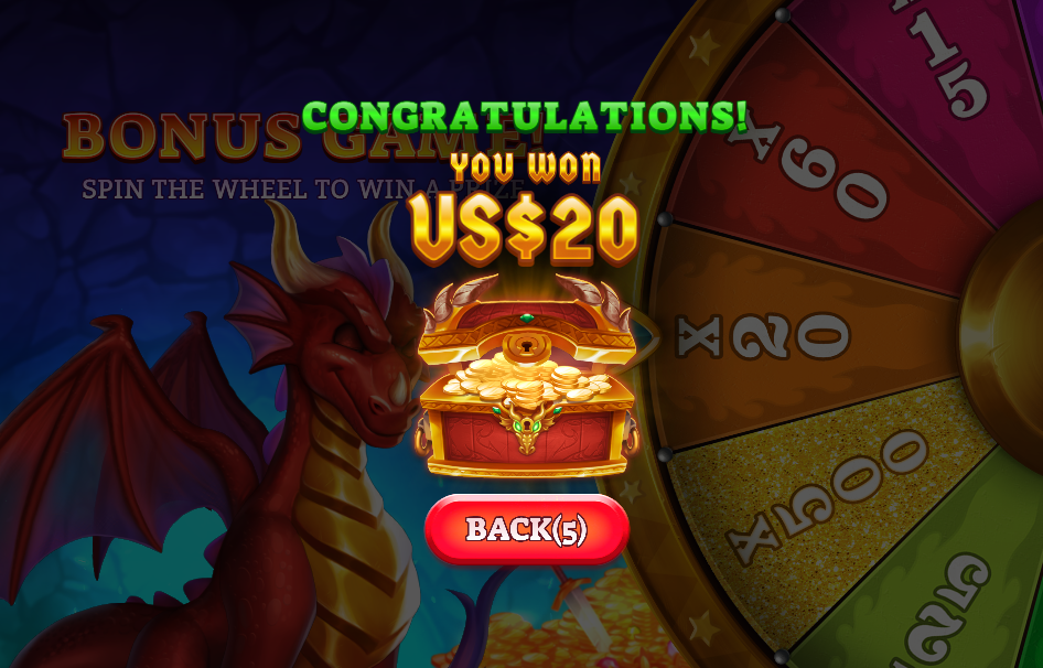 Bonus win screen showing an open treasure chest and a $20 wheel prize.