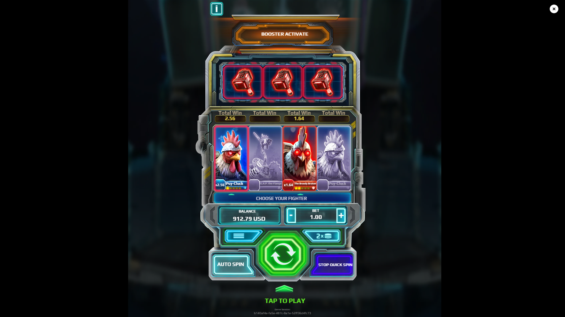 The MechaFightClub top reel with three matching red Damage boosters and the BOOSTER ACTIVATE banner lit above the four fighter cards.