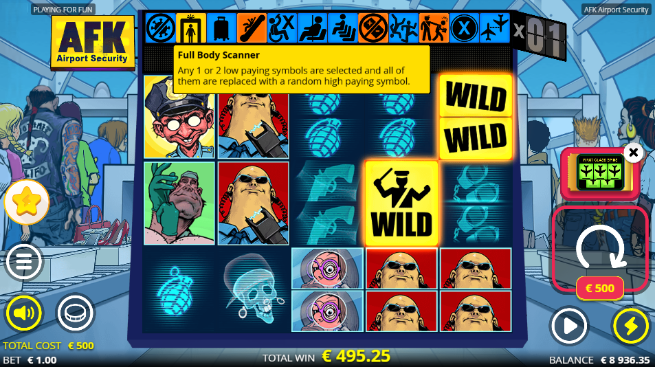First Class Spins board with Wild symbols during the Full Body Scanner feature