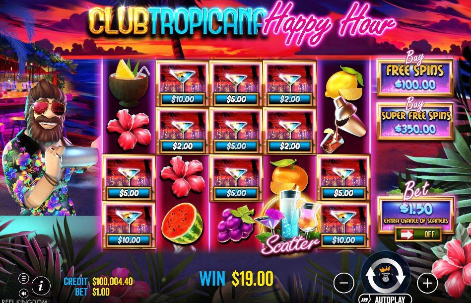 Club Tropucana Happy Hour slot with cocktail money symbols and a $19.00 win