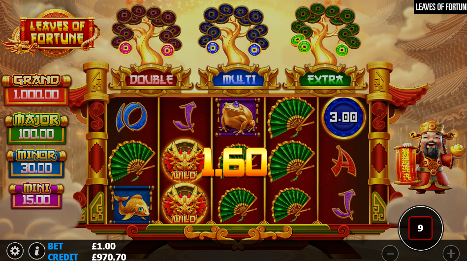 Leaves of Fortune base game with a blue coin scatter on the reels, two dragon wilds and the three coin-trees part-filled overhead.