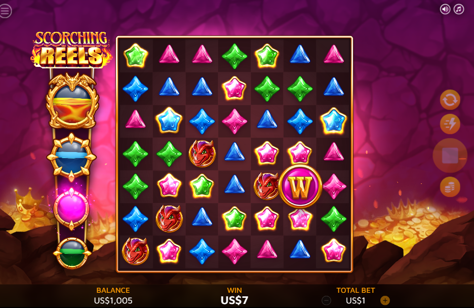 A Wild on the Scorching Reels gem grid after the pink collector filled, $7 win at a $1 bet.
