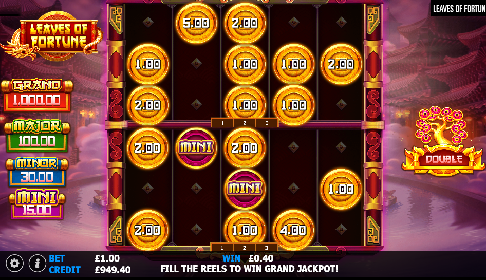 Double Reels bonus with two stacked 5x3 grids of gold coins, two Mini jackpot coins on the lower grid.