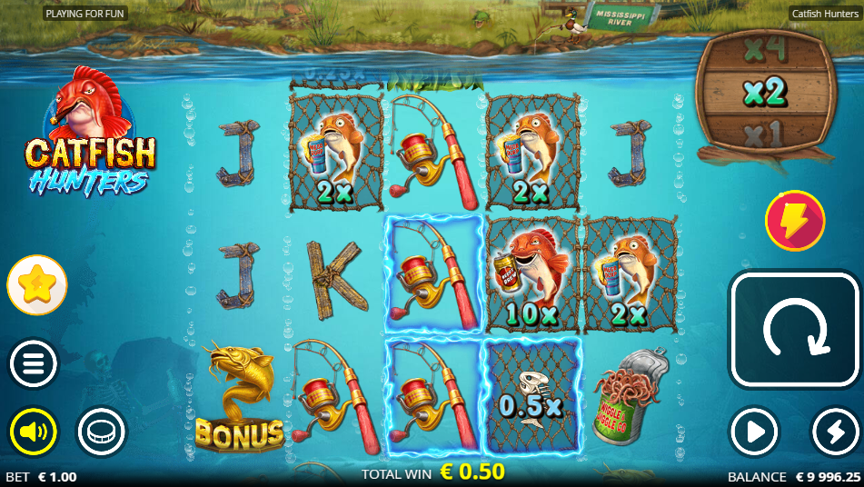 Eectrical Frames highlighting tiles on the Catfish Hunters grid beside fish values and a Bonus symbol