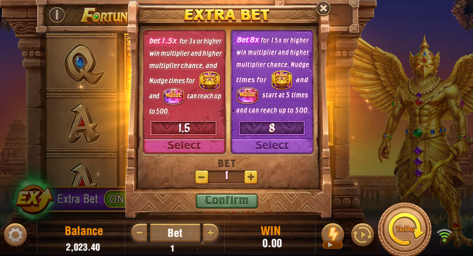 The Extra Bet panel with the 1.5x option in pink and the 8x option in purple side by side, each with a Select button, above a bet stepper set to 1