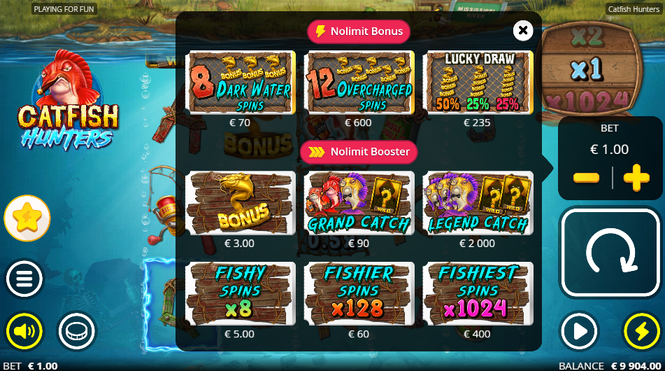 Catfish Hunters buy menu showing Dark Water 70x, Overcharged 600x, Lucky Draw 235x, Grand Catch 90x and Legend Catch 2000x