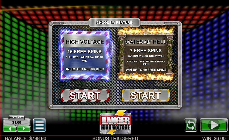 Danger High Voltage feature choice screen, High Voltage 15 free spins with x66 wilds beside Gates of Hell 7 free spins.