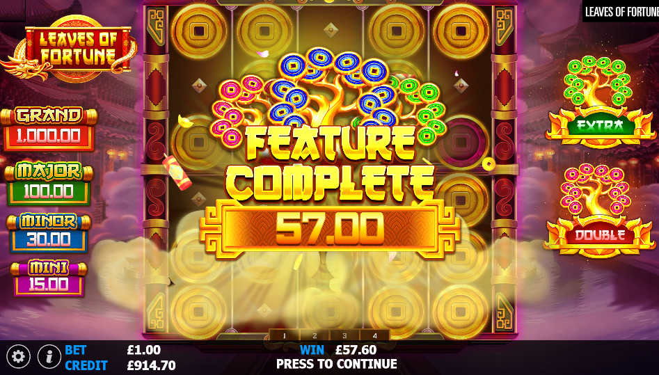 Leaves of Fortune feature complete screen after a Double and Extra round.